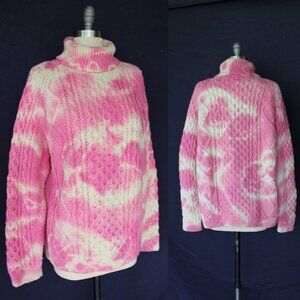 hand knit wool fisherman pink tie dye cable weave turtleneck jumper sweater L